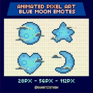 Pode incluir: Emotes de lua azul em pixel art animado, num padrão de grade. A imagem apresenta uma lua, estrela, coração e lua crescente azuis, cada um com nuvens pixelizadas. O texto na parte inferior diz "28PX - 56PX - 112PX" e "@QUARTZSTASH".