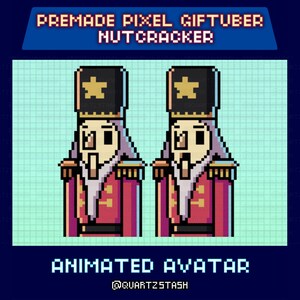 May include: Pixel art image of two nutcracker figures in red and gold uniforms, black hats with gold stars, and white beards. The text "PREMADE PIXEL GIFTUBER NUTCRACKER" and "ANIMATED AVATAR" are displayed above and below the figures.