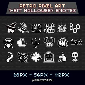 May include: A collection of retro pixel art Halloween emotes in black and white. The image includes various icons such as a witch hat, spider, ghost, and pumpkin. Text at the top reads "Retro Pixel Art 1-Bit Halloween Emotes."