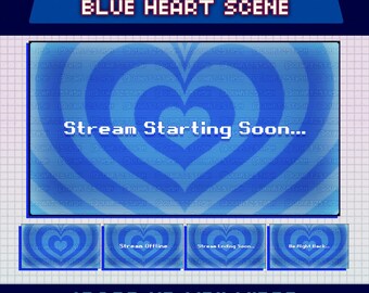 Animated Pixel Heart Scenes, Blue Twitch Overlay Screens, Be Right Back, Starting Soon, Stream Ending, Offline Image, Just Chatting