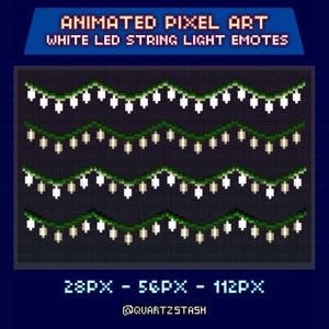 Puede incluir: Arte de píxeles animados de emoticonos de luces de cadena LED blancas. La imagen muestra cuatro filas de luces de cadena pixeladas con bombillas blancas y cableado verde. El texto en la parte superior dice "Animated Pixel Art White LED String Light Emotes". El texto inferior dice "28PX - 56PX - 112PX".