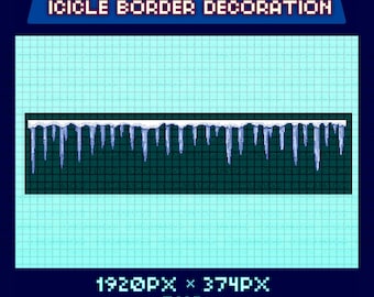 May include: A pixel art graphic with the text "RETRO PIXEL ART ICICLE BORDER DECORATION". The image features a border of white icicles hanging from a white line, set against a dark green background. The image dimensions are 1920px x 374px.