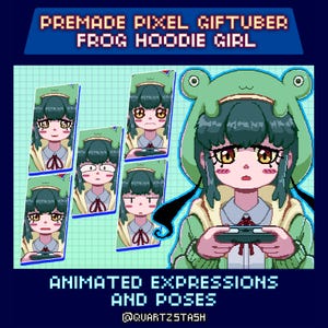 Puede incluir: Un personaje de pixel art con una sudadera verde de rana, cabello oscuro y ojos amarillos, sosteniendo un mando de juego. La imagen muestra varias expresiones y poses animadas con el texto PREMADE PIXEL GIFTUBER FROG HOODIE GIRL y ANIMATED EXPRESSIONS AND POSES @QUARTZSTASH.