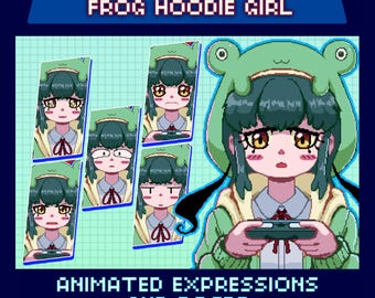 Animated Pixel Giftuber, Cute Frog Hoodie Girl, Premade for Twitch & YouTube, Green Sweater Character, 2 Poses, 6 Expressions, Ready to Use