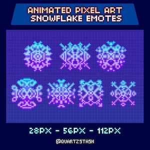 Könnte beinhalten: Animierte Pixel-Art-Schneeflocken-Emotes in Blau- und Lilatönen. Das Bild enthält sechs Schneeflocken-Designs, jedes mit komplizierten pixeligen Details. Der Text oben lautet "ANIMATED PIXEL ART SNOWFLAKE EMOTES". Der Text unten zeigt die Größen an: 28PX - 56PX - 112PX.
