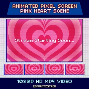 Peut inclure: Graphique numérique avec un motif de cœur rose, avec le texte "Stream Starting Soon...". L'image est intitulée "Animated Pixel Screen Pink Heart Scene" et comprend des écrans supplémentaires pour l'état du flux. La vidéo est en 1080P HD MP4.