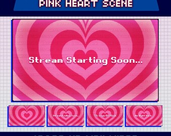 Animated Pixel Heart Scenes, Pink Twitch Overlay Screens, Be Right Back, Starting Soon, Stream Ending, Offline Image, Just Chatting