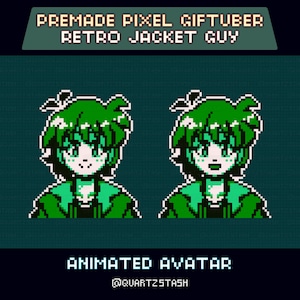 May include: Pixel art image of a green-haired character in a green jacket, repeated twice. The text "PREMADE PIXEL GIFTUBER RETRO JACKET GUY" is at the top. Below the character are the words "ANIMATED AVATAR" and the username "@QUARTZSTASH".