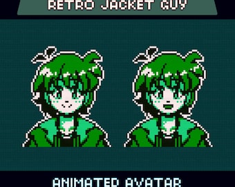 Animated Pixel Giftuber, Retro Jacket Male, Pre-made for Twitch & YouTube, Perfect for VTuber Overlay,  Messy Bangs Boy, Instant Download