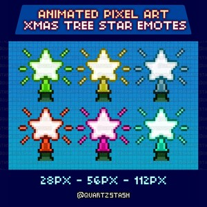 May include: Pixel art image featuring animated Christmas tree star emotes in various colors. The image includes text that reads "ANIMATED PIXEL ART XMAS TREE STAR EMOTES" and "28PX - 56PX - 112PX". The @QUARTZSTASH watermark is also present.