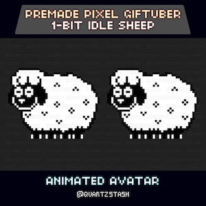 Op de afbeelding: Pixel art afbeelding van twee witte schapen met zwarte gezichten en wol. Boven de schapen staat de tekst "PREMADE PIXEL GIFTUBER 1-BIT IDLE SHEEP". Onder de schapen staat de tekst "ANIMATED AVATAR" en de gebruikersnaam @QUARTZSTASH.