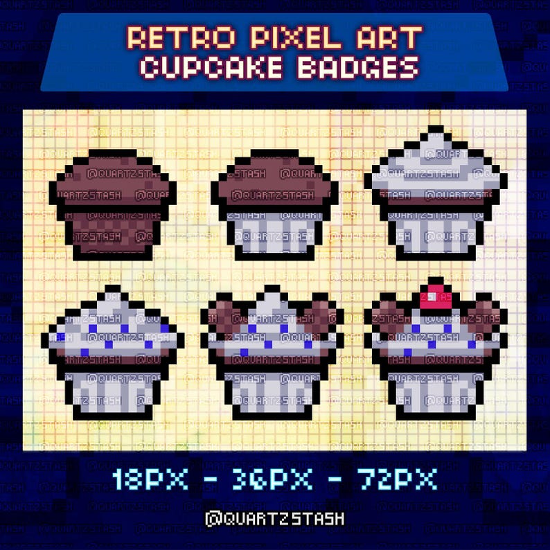 May include: A graphic featuring six pixel art cupcake badges in various colors, including brown, white, and red. The image includes the text "RETRO PIXEL ART CUPCAKE BADGES" and "18PX - 36PX - 72PX". The badges are in a grid pattern.