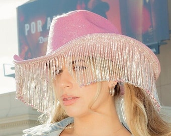 Pink Sparkle Cowboy Hat with PINK rhinestone fringe- LosAngelesCowgirl bachelorette party, country concert, festival, disco cowgirl