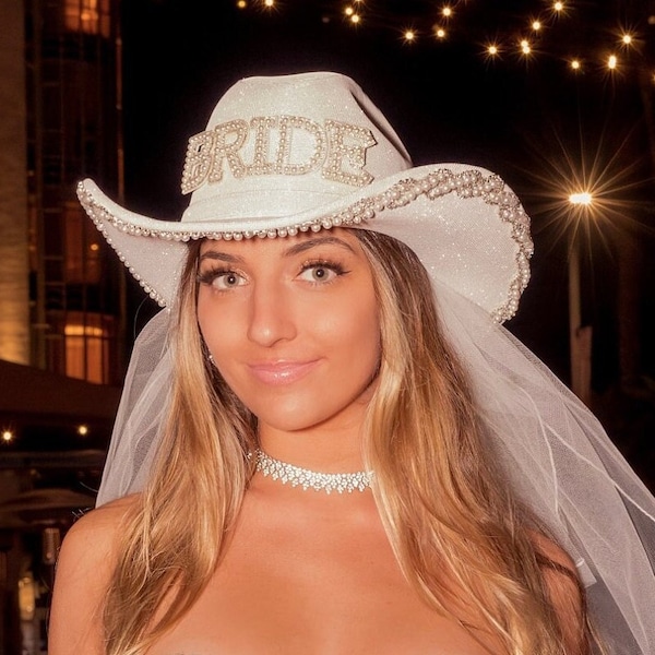 BRIDE White Sparkle Rhinestone Cowboy Hat with Pearls by LosAngelesCowgirl- bachelorette party, country bride, music festival, Last Rodeo
