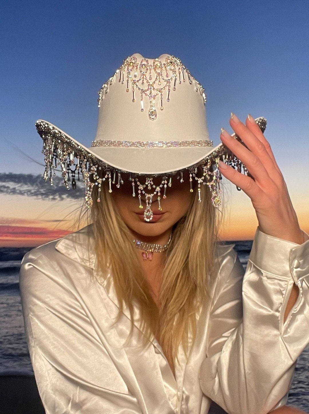 Iridescent White Rhinestone Fringe Cowboy Hat: Festival and