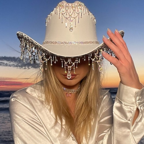 Iridescent White Rhinestone Fringe Cowboy Hat: Festival and  display picture 2