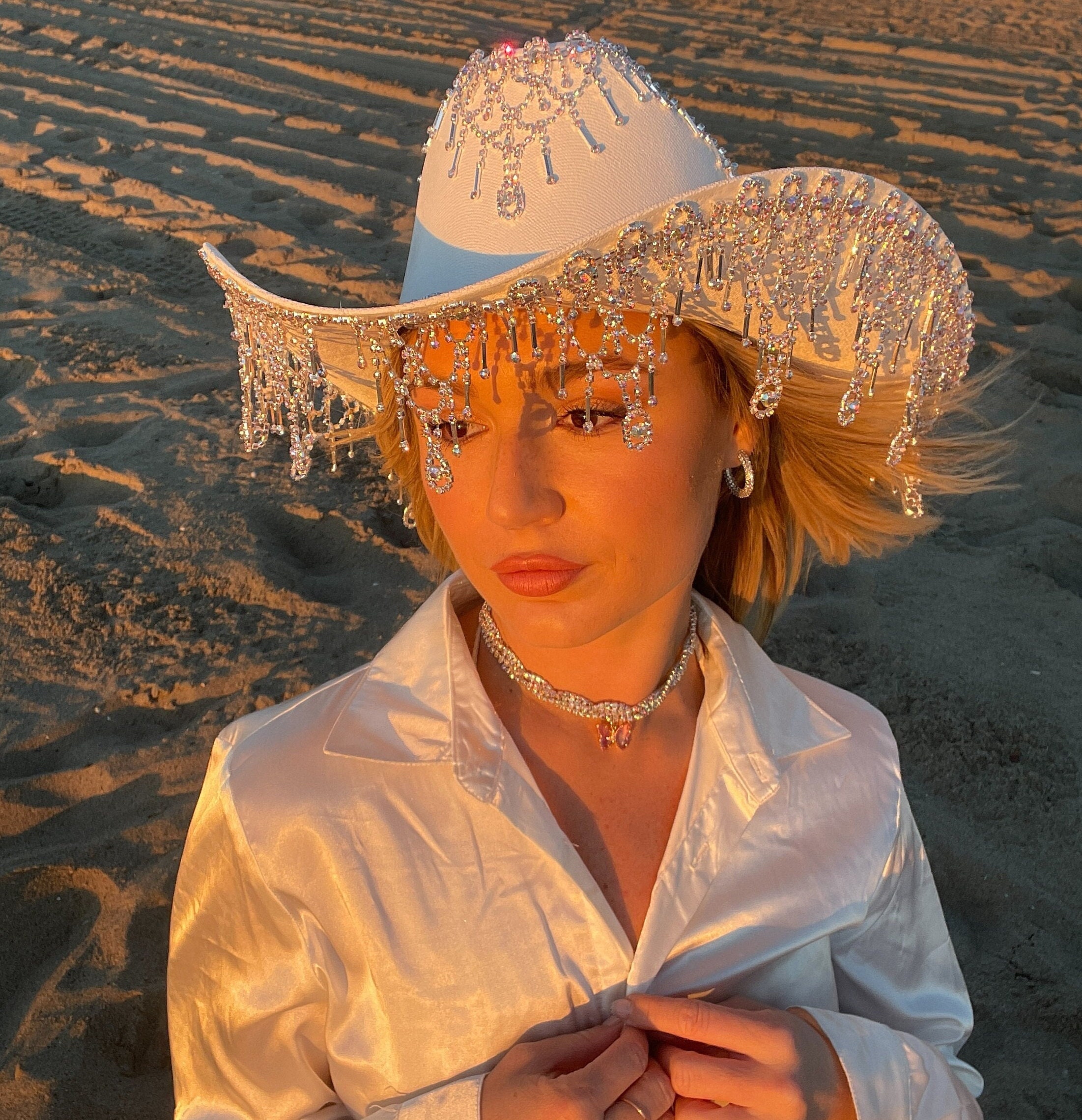 Iridescent White Rhinestone Fringe Cowboy Hat: Festival and 