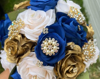 Royal Blue, Ivory and Gold Bouquet