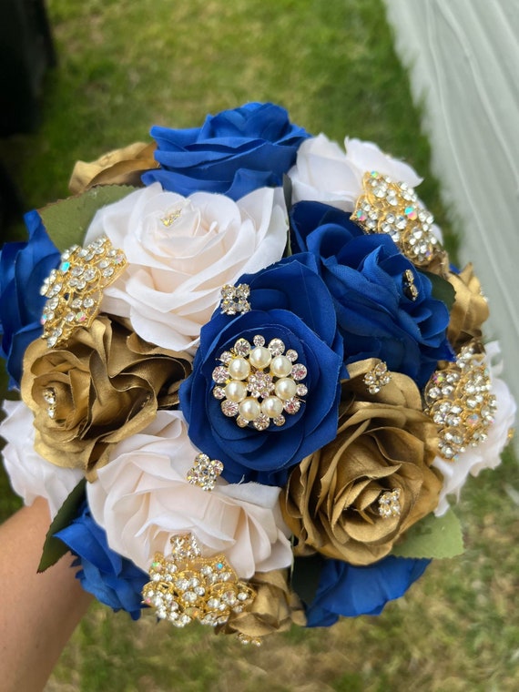 Royal Blue, Ivory and Gold Bouquet - Etsy