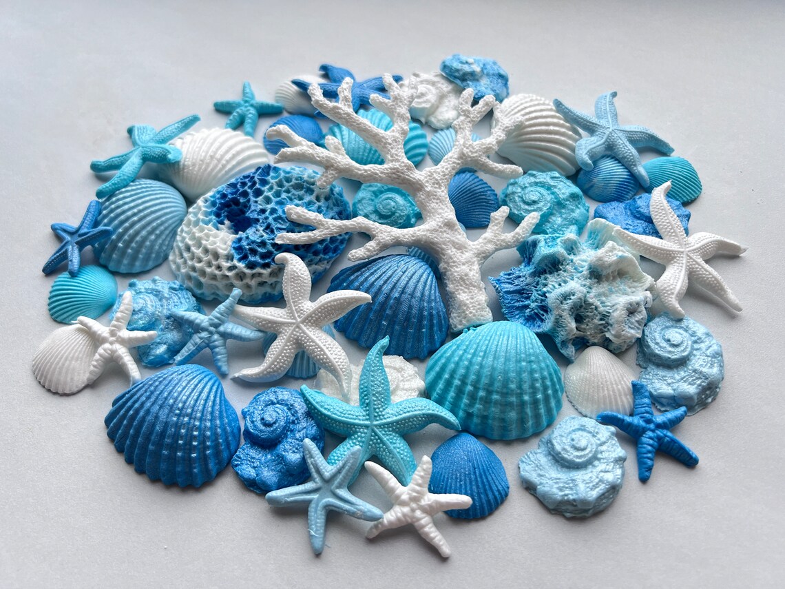 40 Edible Sugar Seashells: Blue & White Cake Toppersno Extra Fees for ...
