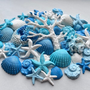 40 pcs. LARGE edible Sugar seashells, clam shells, corals, starfish cake topper. Blues and white