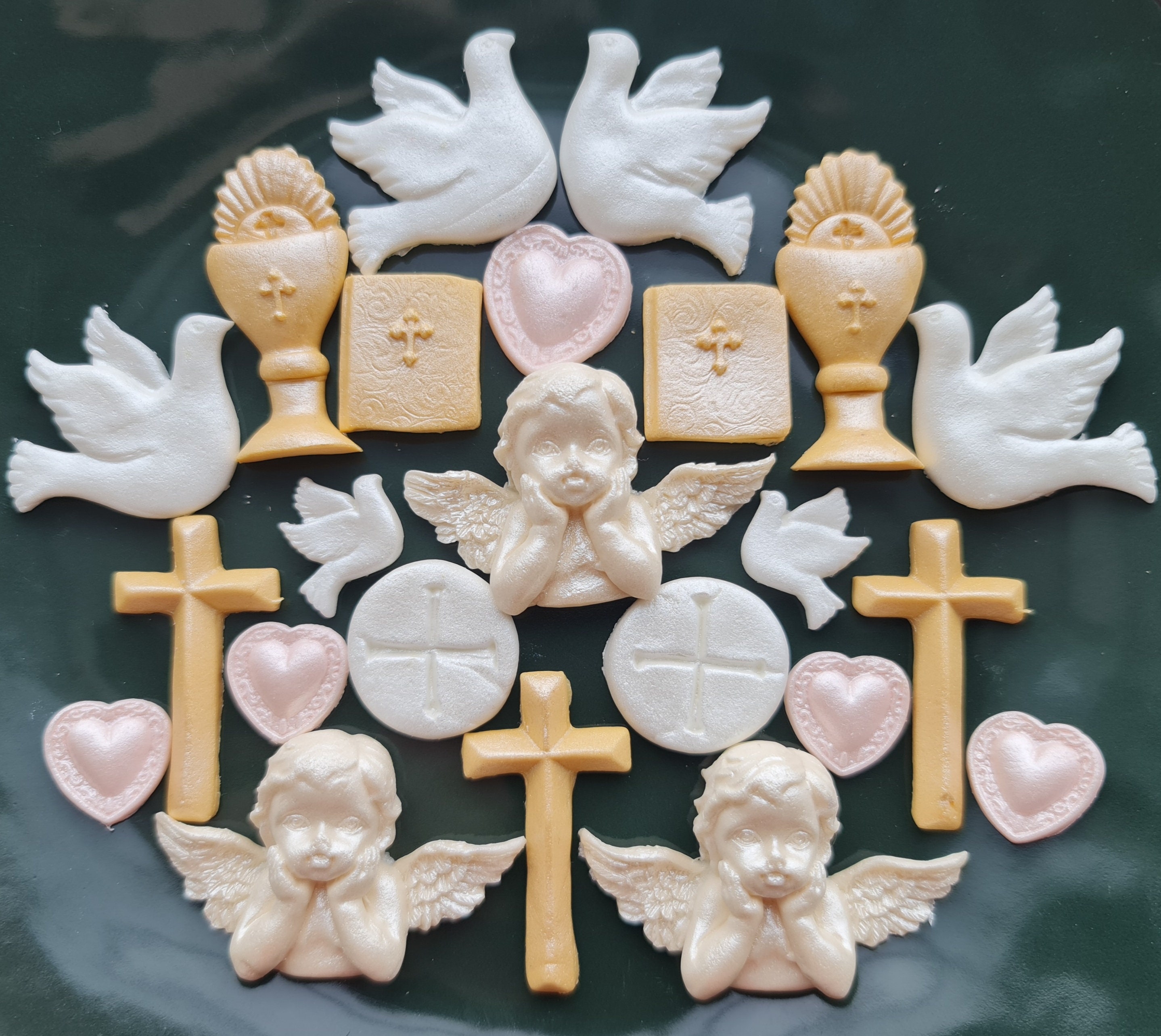 24 pcs. Sugar fondant confirmation cake topper chalice angel cross dove