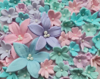 60 pcs. edible sugar fondant flowers cake topper