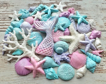43 pezzi Conchiglie di zucchero fondente, pinna di sirena, coda di sirena, decorazioni per cake topper con stelle marine