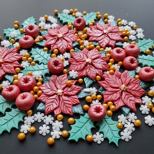 Edible sugar fondant Christmas cake topper, decorations, berries, holly leaves, poinsettia flowers, snowflakes, sprinkles