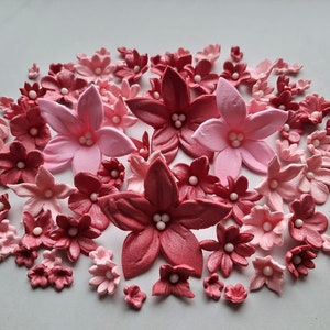 Op de afbeelding: Een verzameling roze en rode suikerbloemen, perfect om taarten en cupcakes te versieren. De bloemen zijn gemaakt van fondant en hebben een delicate, realistische uitstraling.