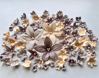 50 pcs. edible sugar fondant flowers cake topper cream/ivory/brown shades natural colors