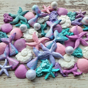 46 pcs. Sugar cake topper, clam shells, mermaid fin, mermaid tail, starfishes, pearls