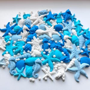 Decoraciones comestibles de fondant bajo el mar: 55 conchas, estrellas de mar y corales / Adornos para tartas oceánicas / Decoración de sirena