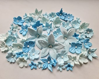 50 pcs. edible sugar fondant flowers decorations cake topper. Blue