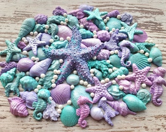 46 pcs. Sugar, fondant shells, starfishes, pearls cake topper decorations