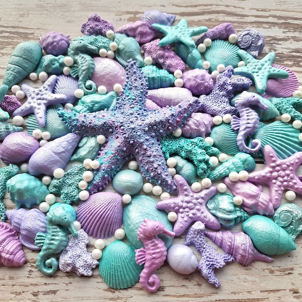 46 pièces. Sucre, coquilles fondantes, étoiles de mer, perles gâteaux topper décorations