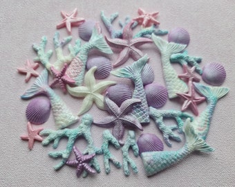 36 pcs. sugar fondant clam shells, mermaid tails, starfishes, corals cake topper