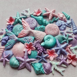 50 pezzi di decorazioni per torte a forma di conchiglie di zucchero fondente, coralli, code di sirena e stelle marine