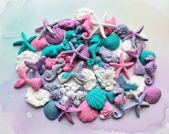 50 decorazioni commestibili per torte a forma di sirena in pasta di zucchero: conchiglie, stelle marine, coralli