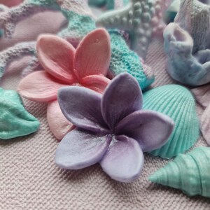 May include: A collection of pastel-colored seashells, coral, and flowers. The shells are in shades of blue and green, the coral is light blue, and the flowers are pink and purple.