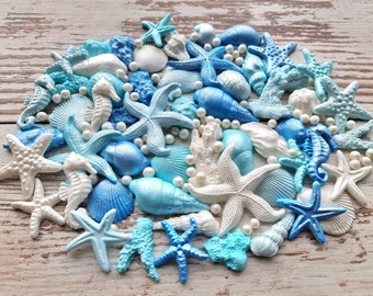 55 pcs. Edible Sugar seashells, corals, seahorses, pearls cake topper. Blues and white