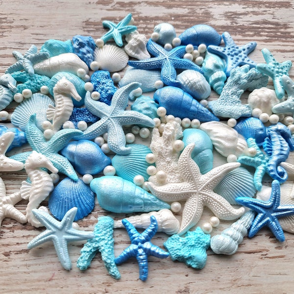 55 pcs. Edible Sugar seashells, corals, seahorses, pearls cake topper. Blues and white