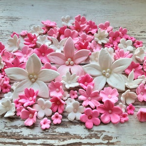 Könnte beinhalten: Eine Sammlung von rosa und weißen Zuckerblumen, perfekt zum Dekorieren von Kuchen und Cupcakes. Die Blumen sind aus Fondant und haben ein zartes, realistisches Aussehen.