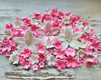 60 Stück essbare Zucker Fondant Blumen Cake Topper rosa