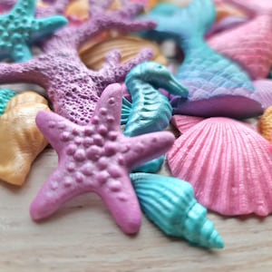 48 stuks Suiker fondant zeemeermin staart, schelpen, koralen, zeepaardjes cake topper decoraties afbeelding 3