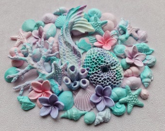 60 pcs. Sugar fondant shells, corals, mermaid tail, flowers cake topper decorations