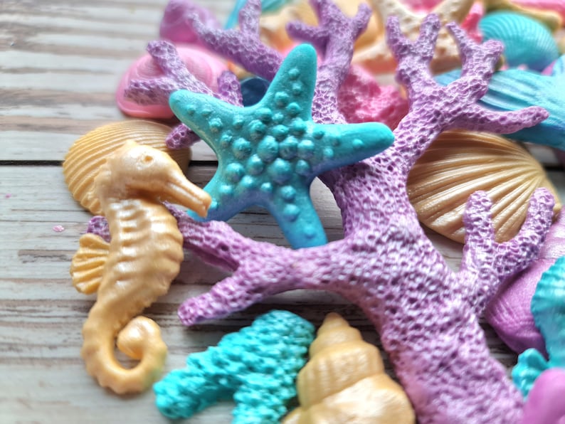 48 stuks Suiker fondant zeemeermin staart, schelpen, koralen, zeepaardjes cake topper decoraties afbeelding 6
