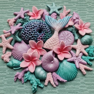 40 decorazioni per torte a forma di sirena in pasta di zucchero: conchiglie, stelle marine, fiori