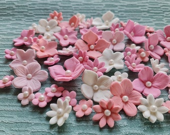 40 pcs. edible sugar fondant flowers cake topper decorations raspberry strawberry pink white