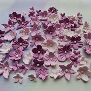 50 pezzi di fiori di pasta di zucchero viola per decorazioni per torte. Nessun costo aggiuntivo per gli acquirenti statunitensi.